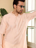 MULTI SHADES Men's Long Sleeve Mandarin Collar Cream Straight Viscose Silk Kurta With Embroidered Neckline And Motifs | Grocsy