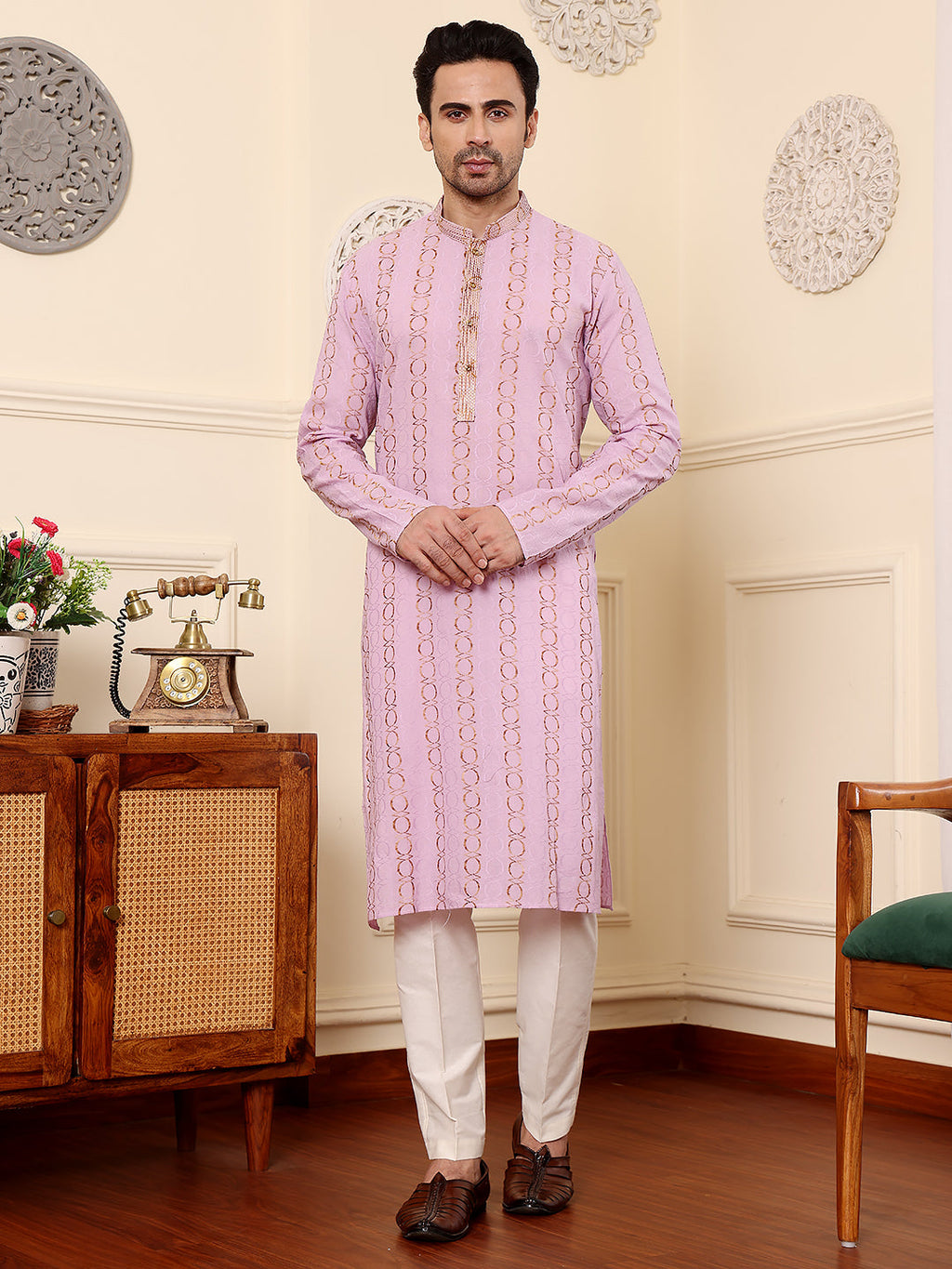 MULTI SHADES Men's Elegant Pink Printed Straight Cotton Kurta,Cream Solid Trouser Style Churidar | Grocsy