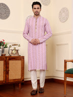 MULTI SHADES Men's Elegant Pink Printed Straight Cotton Kurta,Cream Solid Trouser Style Churidar | Grocsy