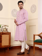 MULTI SHADES Men's Elegant Pink Printed Straight Cotton Kurta,Cream Solid Trouser Style Churidar | Grocsy