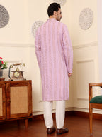 MULTI SHADES Men's Elegant Pink Printed Straight Cotton Kurta,Cream Solid Trouser Style Churidar | Grocsy