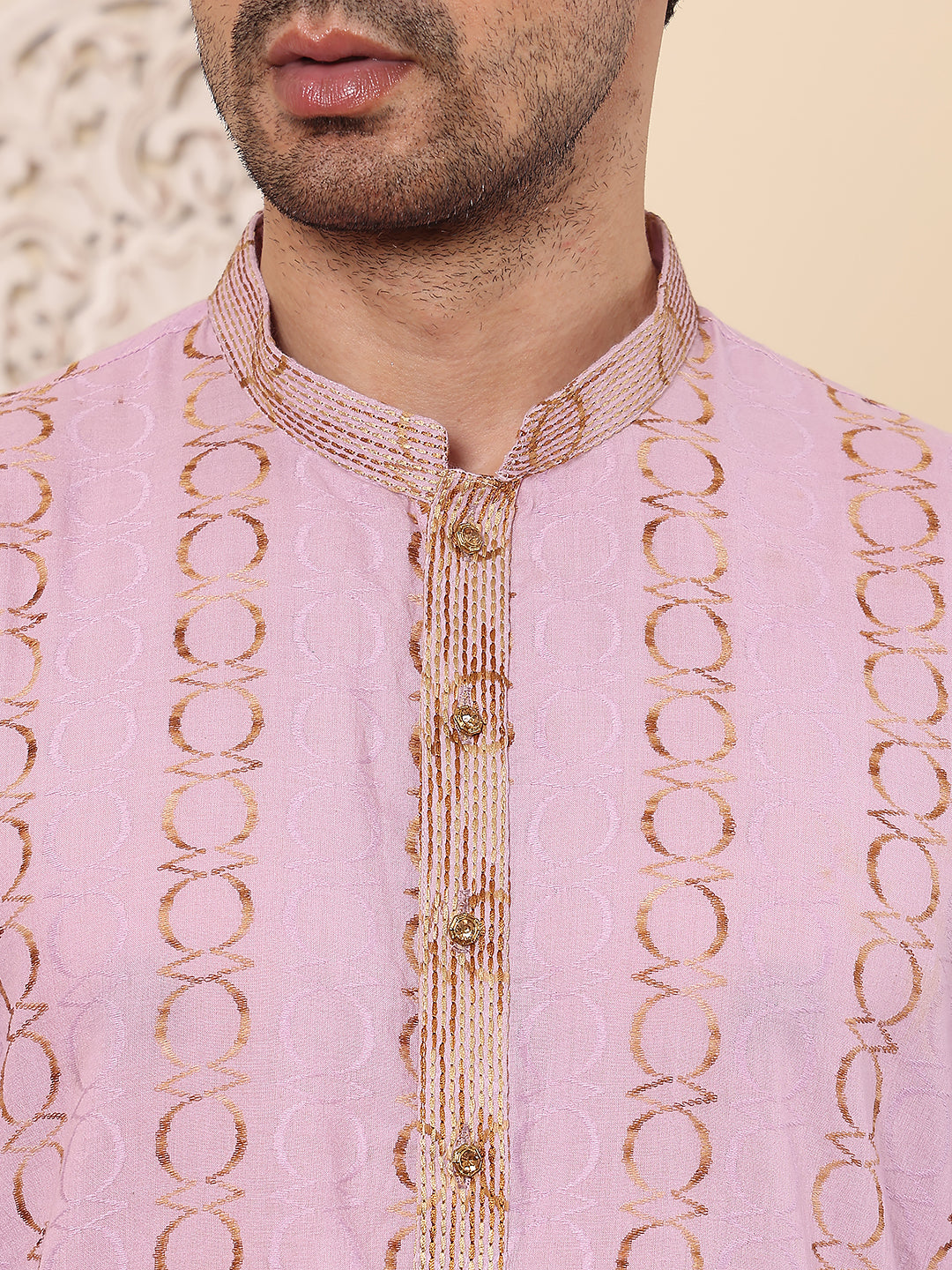 MULTI SHADES Men's Elegant Pink Printed Straight Cotton Kurta,Cream Solid Trouser Style Churidar | Grocsy