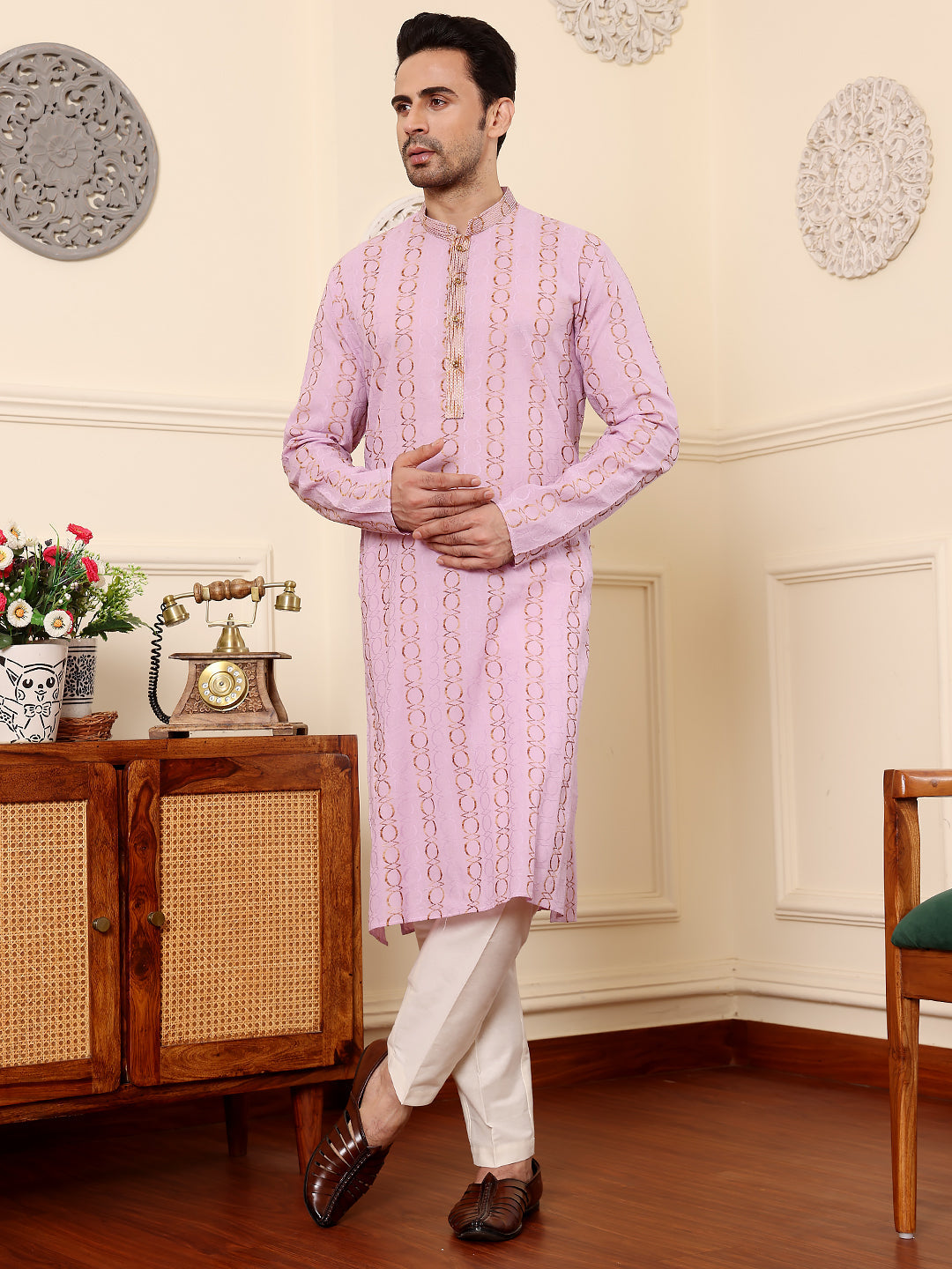 MULTI SHADES Men's Elegant Pink Printed Straight Cotton Kurta,Cream Solid Trouser Style Churidar | Grocsy