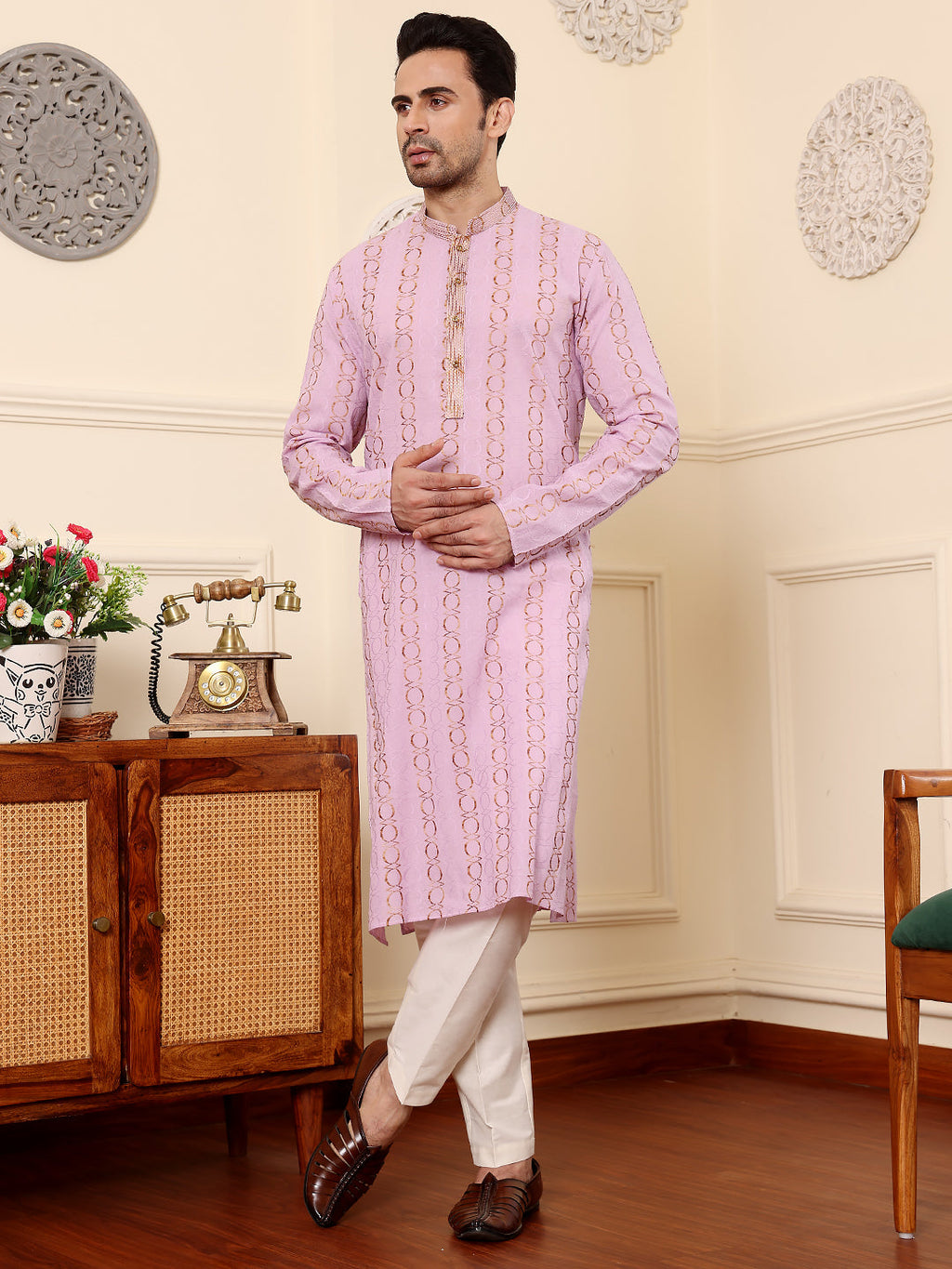 MULTI SHADES Men's Long Sleeve Mandarin Collar Elegant Pink Printed Straight Cotton Kurta | Grocsy