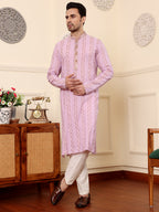 MULTI SHADES Men's Long Sleeve Mandarin Collar Elegant Pink Printed Straight Cotton Kurta | Grocsy