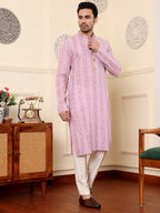 MULTI SHADES Men's Elegant Pink Printed Straight Cotton Kurta,Cream Solid Trouser Style Churidar | Grocsy