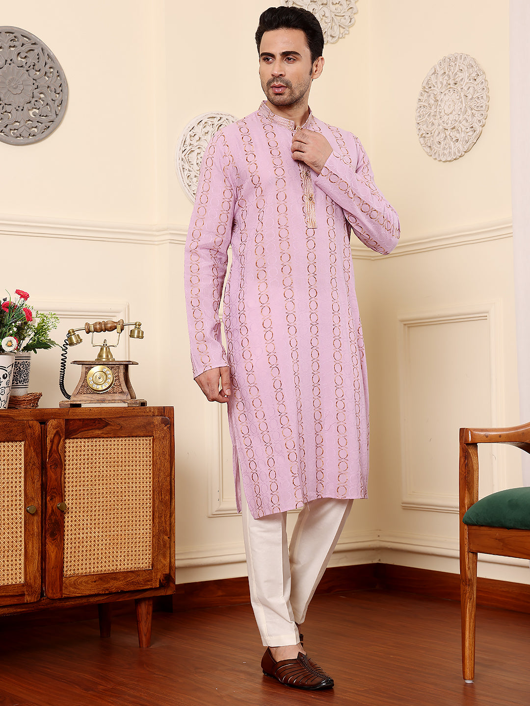MULTI SHADES Men's Elegant Pink Printed Straight Cotton Kurta,Cream Solid Trouser Style Churidar | Grocsy