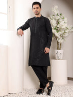 MULTI SHADES Men's Black Straight Viscose Silk Kurta With Embroidered Neckline And Motifs,Cream Solid Trouser Style Churidar | Grocsy