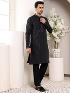 MULTI SHADES Men's Black Straight Viscose Silk Kurta With Embroidered Neckline And Motifs,Cream Solid Trouser Style Churidar | Grocsy
