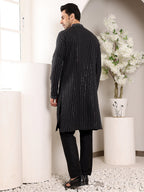 MULTI SHADES Men's Black Straight Viscose Silk Kurta With Embroidered Neckline And Motifs,Cream Solid Trouser Style Churidar | Grocsy