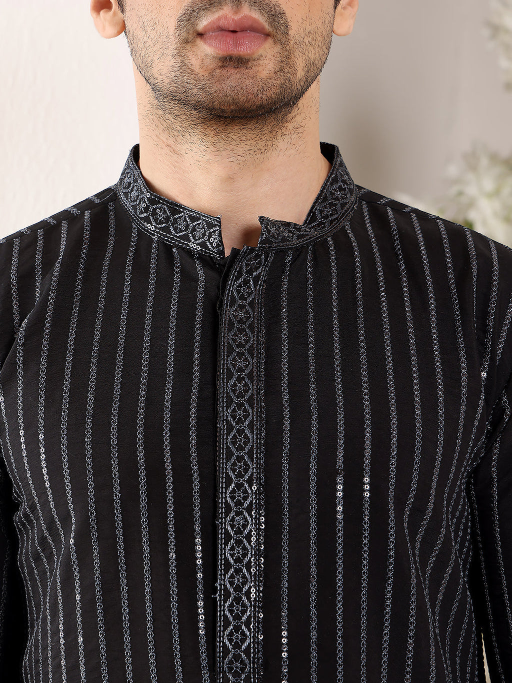 MULTI SHADES Men's Black Straight Viscose Silk Kurta With Embroidered Neckline And Motifs,Cream Solid Trouser Style Churidar | Grocsy
