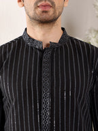 MULTI SHADES Men's Black Straight Viscose Silk Kurta With Embroidered Neckline And Motifs,Cream Solid Trouser Style Churidar | Grocsy