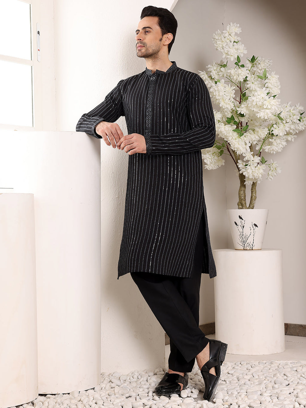 MULTI SHADES Men's Black Straight Viscose Silk Kurta With Embroidered Neckline And Motifs,Cream Solid Trouser Style Churidar | Grocsy
