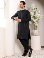 MULTI SHADES Men's Black Straight Viscose Silk Kurta With Embroidered Neckline And Motifs,Cream Solid Trouser Style Churidar | Grocsy