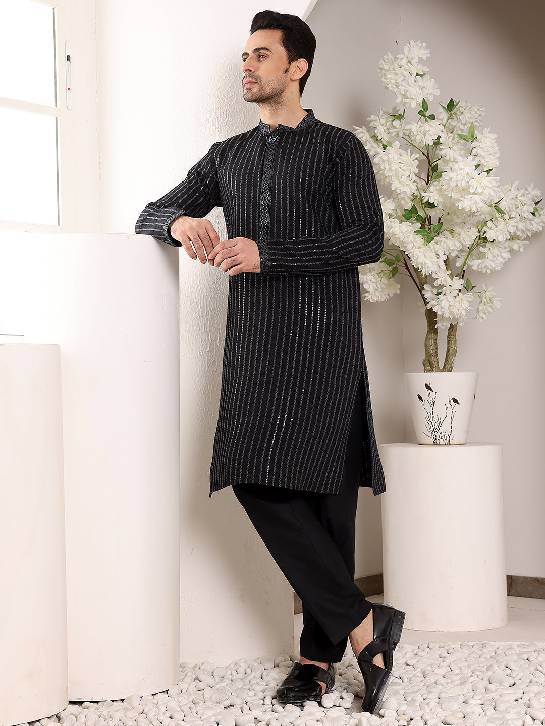 MULTI SHADES Men's Black Straight Viscose Silk Kurta With Embroidered Neckline And Motifs,Cream Solid Trouser Style Churidar | Grocsy