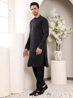 MULTI SHADES Men's Long Sleeve Mandarin Collar Black Straight Viscose Silk Kurta With Embroidered Neckline And Motifs | Grocsy