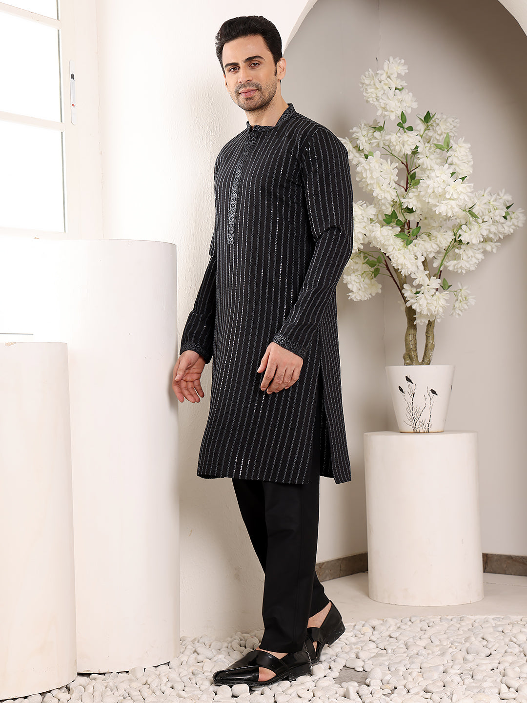 MULTI SHADES Men's Long Sleeve Mandarin Collar Black Straight Viscose Silk Kurta With Embroidered Neckline And Motifs | Grocsy