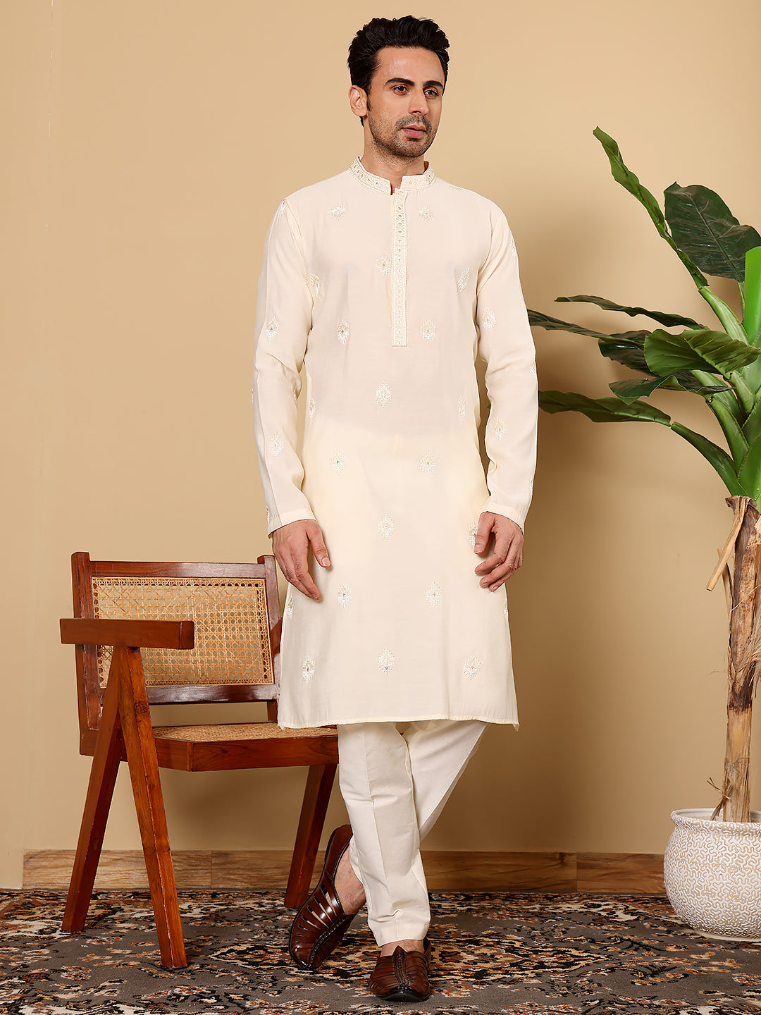 MULTI SHADES Men's Cream Straight Viscose Silk Kurta With Embroidered Neckline And Motifs,Cream Solid Trouser Style Churidar | Grocsy
