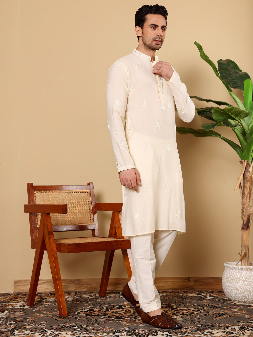 MULTI SHADES Men's Cream Straight Viscose Silk Kurta With Embroidered Neckline And Motifs,Cream Solid Trouser Style Churidar | Grocsy