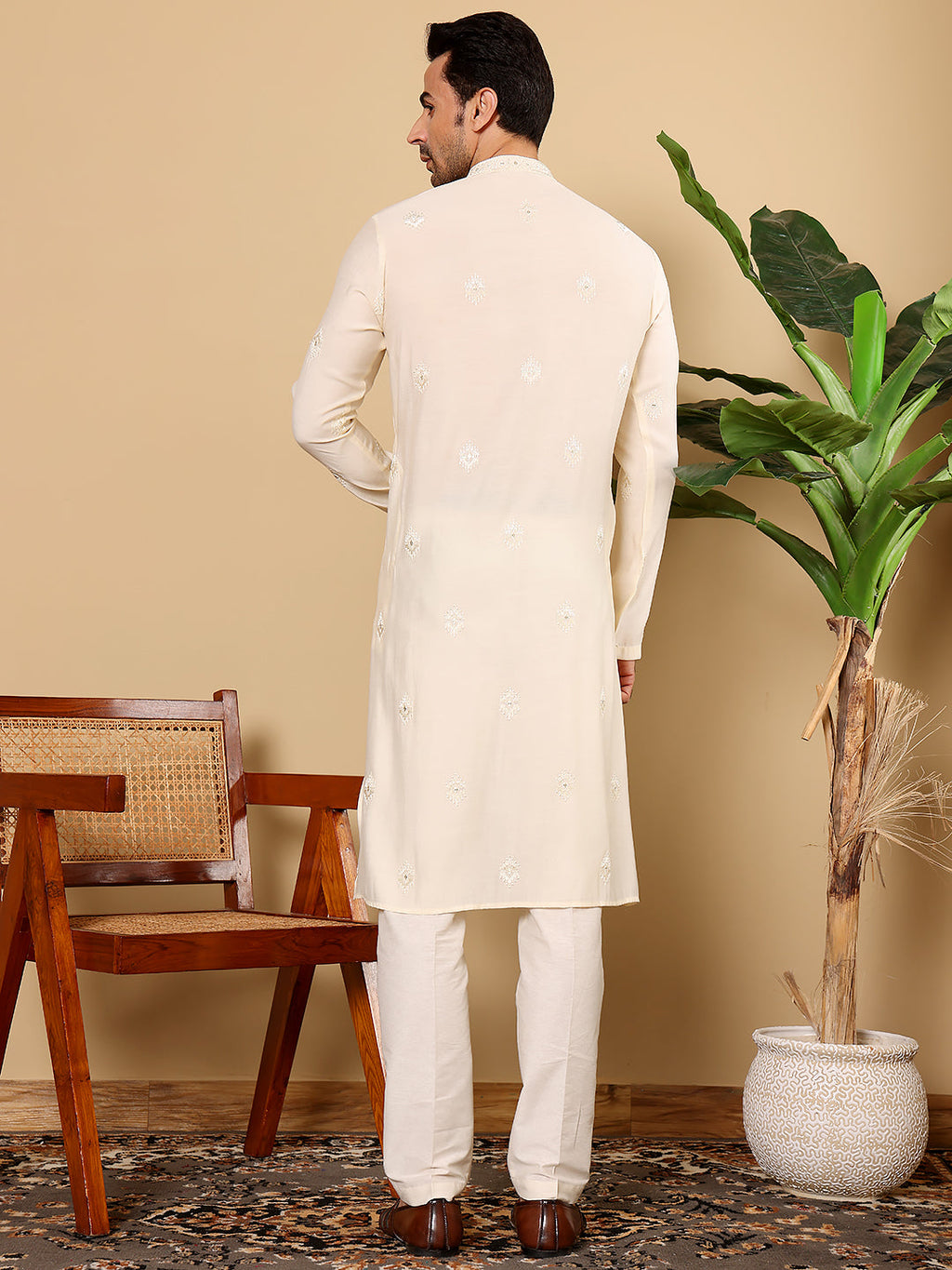 MULTI SHADES Men's Cream Straight Viscose Silk Kurta With Embroidered Neckline And Motifs,Cream Solid Trouser Style Churidar | Grocsy