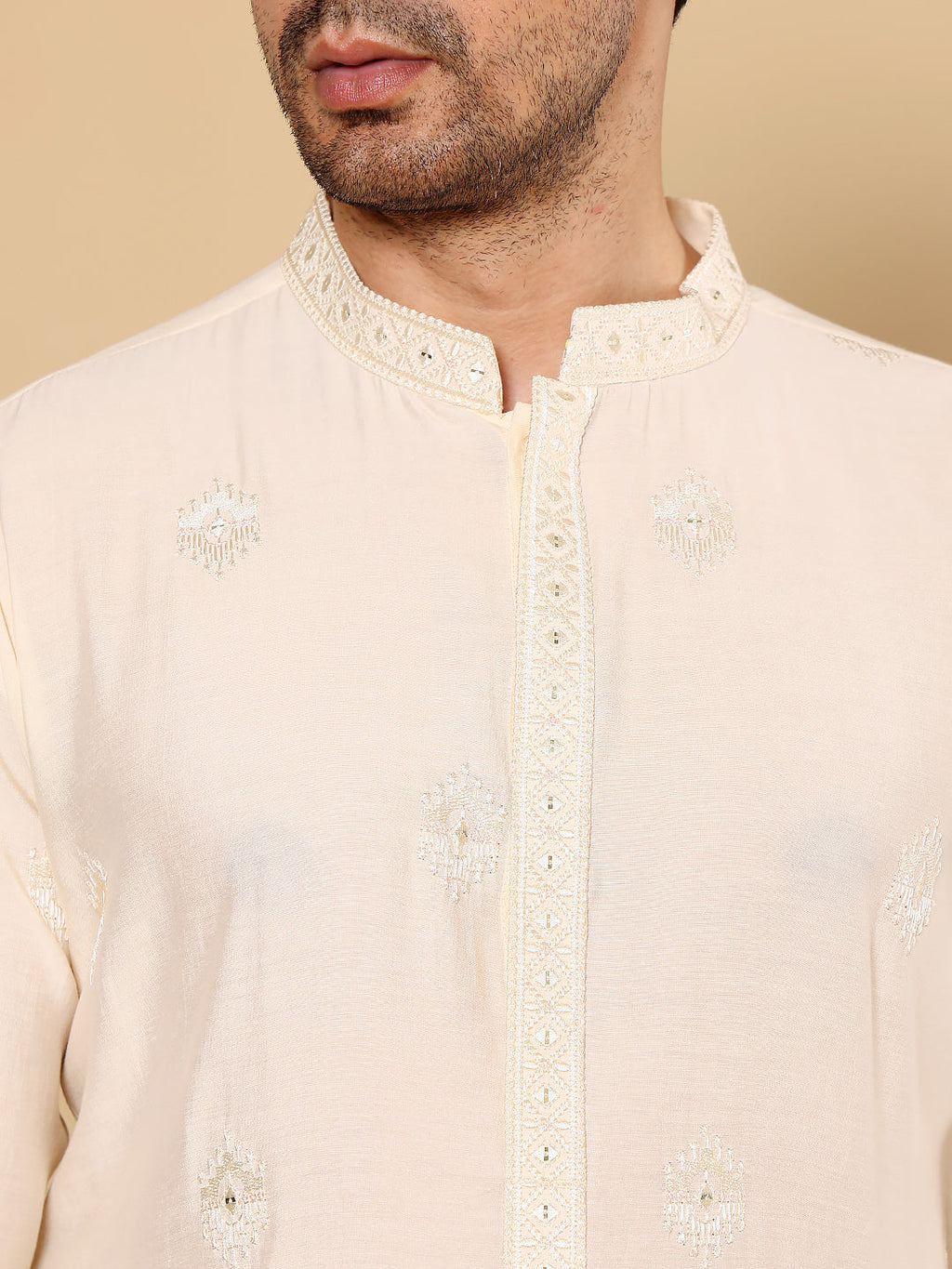MULTI SHADES Men's Cream Straight Viscose Silk Kurta With Embroidered Neckline And Motifs,Cream Solid Trouser Style Churidar | Grocsy