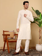 MULTI SHADES Men's Cream Straight Viscose Silk Kurta With Embroidered Neckline And Motifs,Cream Solid Trouser Style Churidar | Grocsy