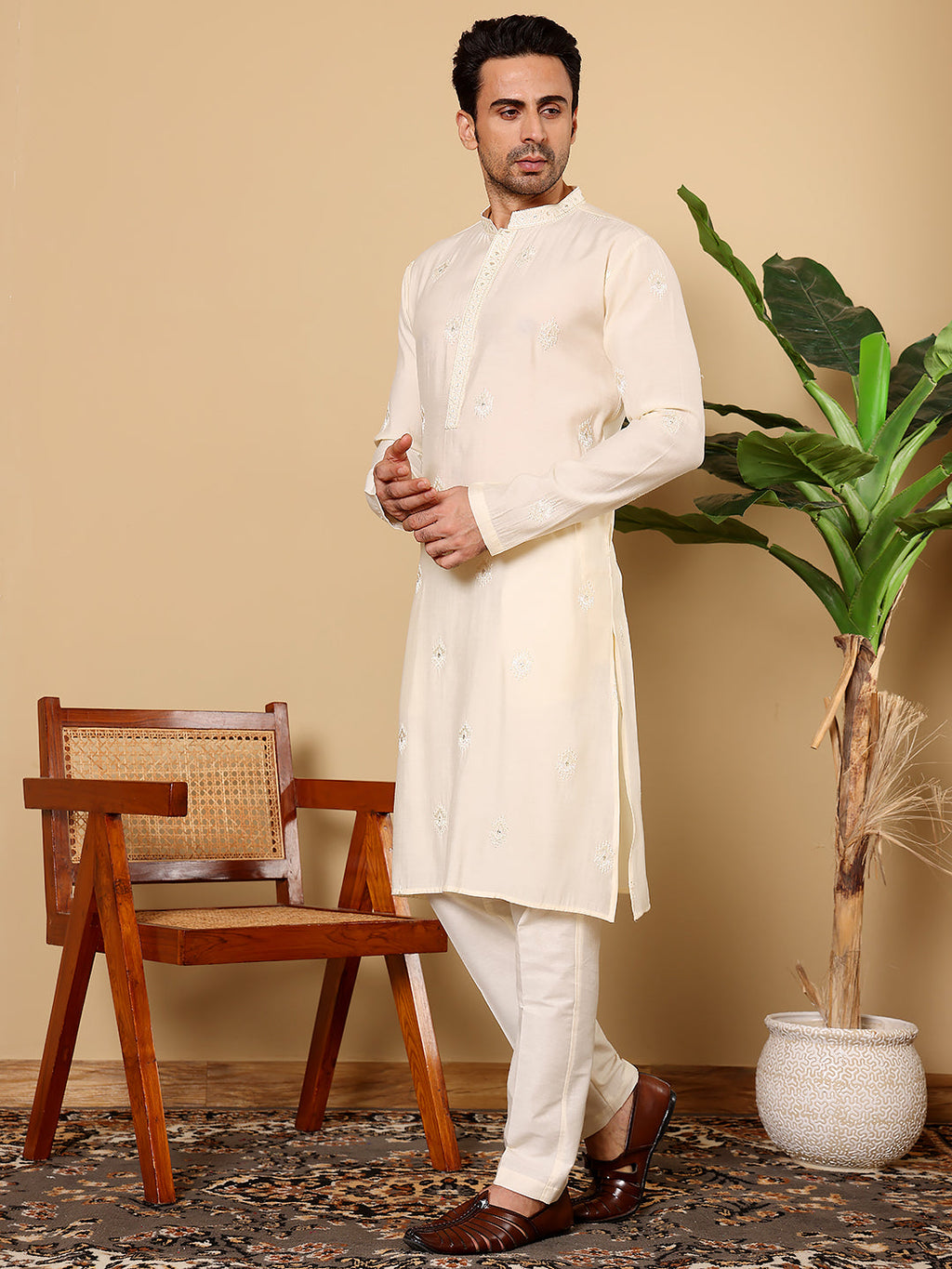 MULTI SHADES Men's Cream Straight Viscose Silk Kurta With Embroidered Neckline And Motifs,Cream Solid Trouser Style Churidar | Grocsy