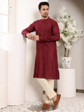 MULTI SHADES Men's Maroon Straight Viscose Silk Kurta With Textured Effect,Cream Solid Trouser Style Churidar | Grocsy