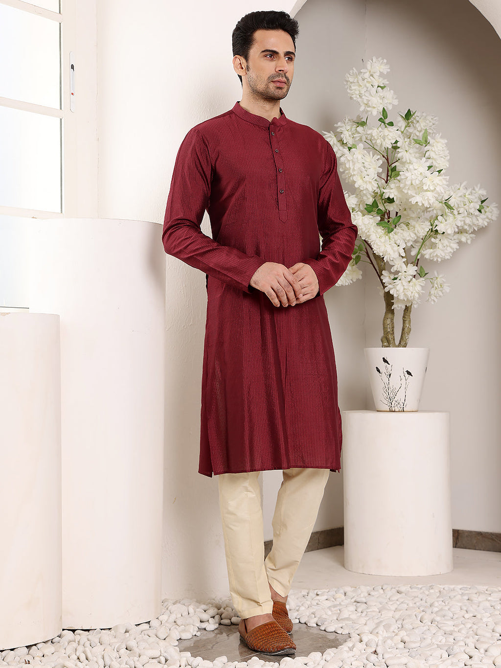 MULTI SHADES Men's Maroon Straight Viscose Silk Kurta With Textured Effect,Cream Solid Trouser Style Churidar | Grocsy