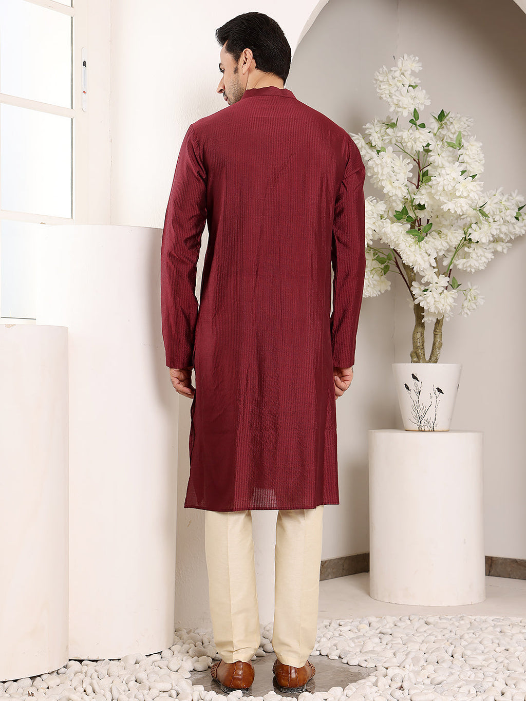MULTI SHADES Men's Maroon Straight Viscose Silk Kurta With Textured Effect,Cream Solid Trouser Style Churidar | Grocsy