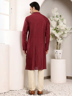 MULTI SHADES Men's Maroon Straight Viscose Silk Kurta With Textured Effect,Cream Solid Trouser Style Churidar | Grocsy