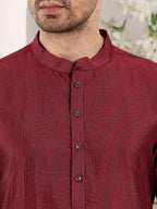 MULTI SHADES Men's Long Sleeve Mandarin Collar Maroon Straight Viscose Silk Kurta With Textured Effect | Grocsy