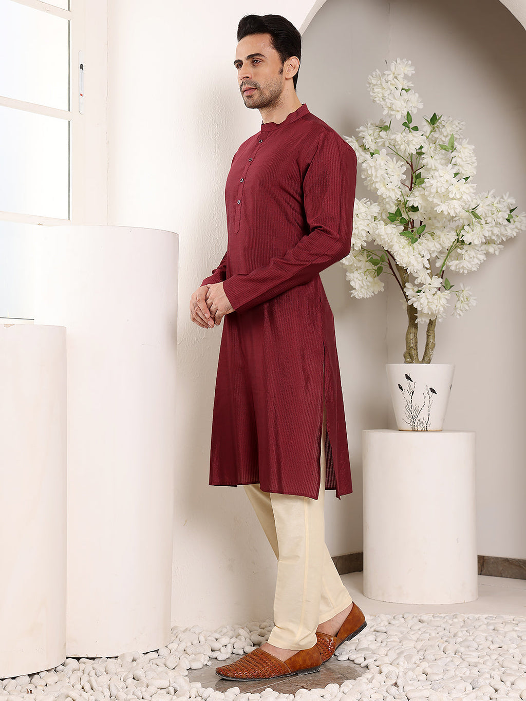 MULTI SHADES Men's Maroon Straight Viscose Silk Kurta With Textured Effect,Cream Solid Trouser Style Churidar | Grocsy