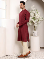 MULTI SHADES Men's Long Sleeve Mandarin Collar Maroon Straight Viscose Silk Kurta With Textured Effect | Grocsy