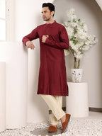 MULTI SHADES Men's Maroon Straight Viscose Silk Kurta With Textured Effect,Cream Solid Trouser Style Churidar | Grocsy