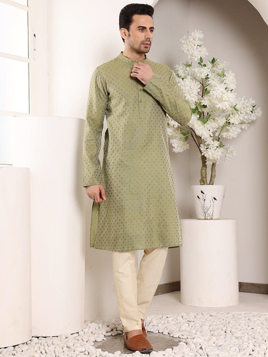 MULTI SHADES Men's Green Straight Viscose Silk Kurta With Textured Effect,Cream Solid Trouser Style Churidar | Grocsy