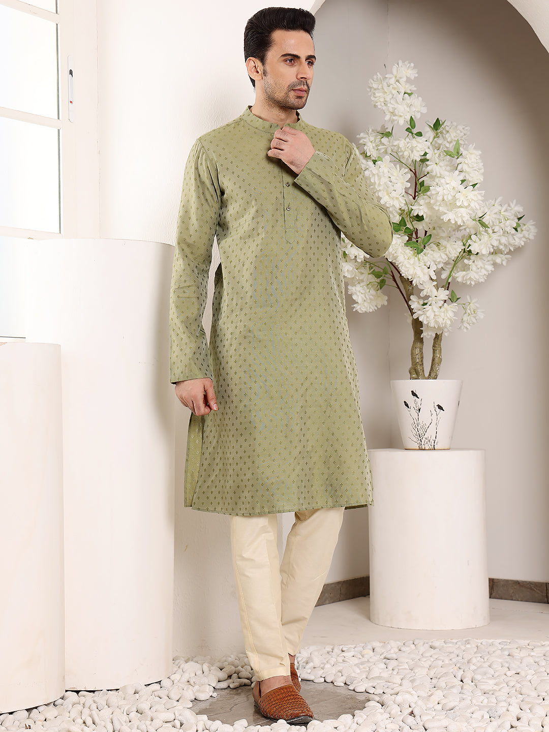 MULTI SHADES Men's Green Straight Viscose Silk Kurta With Textured Effect,Cream Solid Trouser Style Churidar | Grocsy