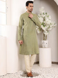 MULTI SHADES Men's Long Sleeve Mandarin Collar Green Straight Viscose Silk Kurta With Textured Effect | Grocsy