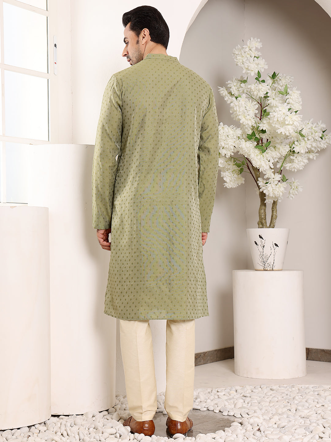 MULTI SHADES Men's Green Straight Viscose Silk Kurta With Textured Effect,Cream Solid Trouser Style Churidar | Grocsy