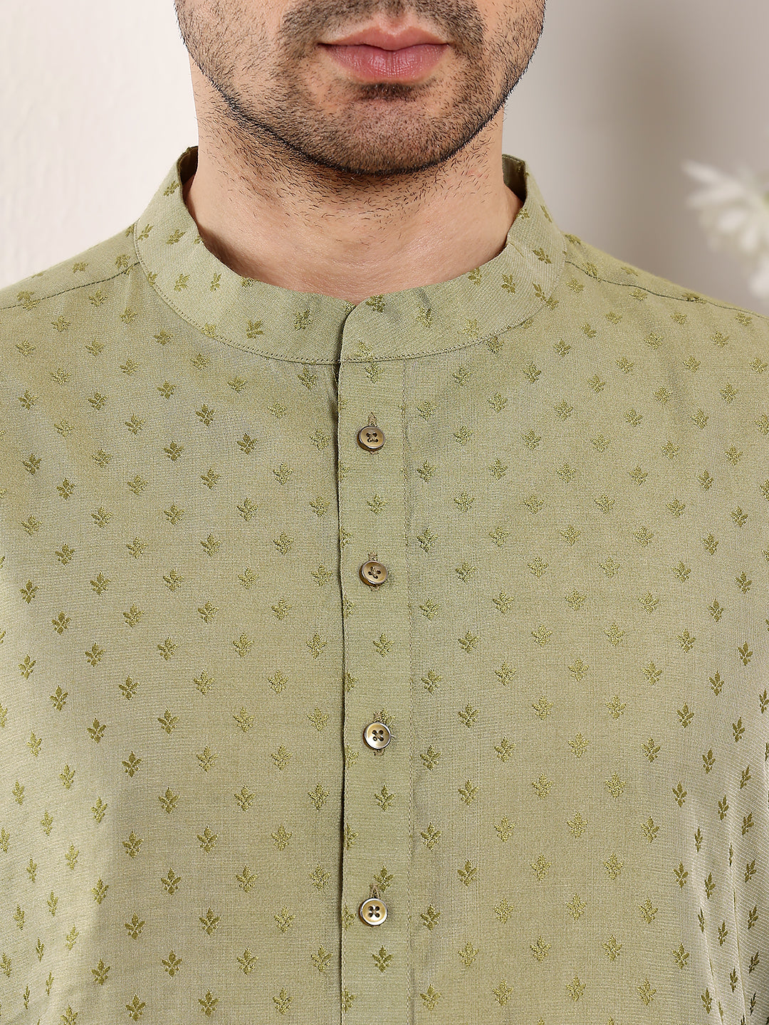 MULTI SHADES Men's Green Straight Viscose Silk Kurta With Textured Effect,Cream Solid Trouser Style Churidar | Grocsy