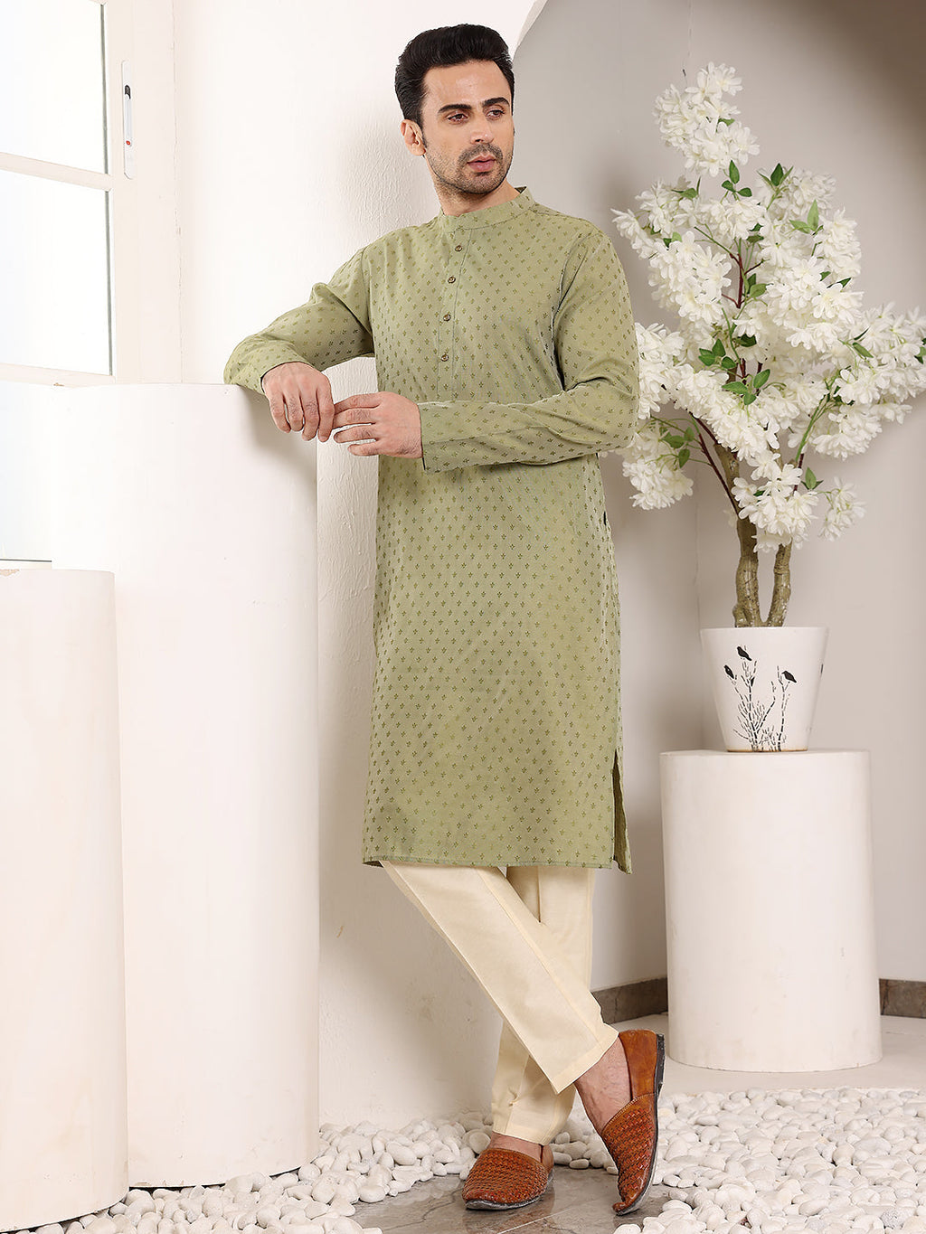 MULTI SHADES Men's Green Straight Viscose Silk Kurta With Textured Effect,Cream Solid Trouser Style Churidar | Grocsy