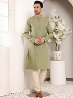 MULTI SHADES Men's Green Straight Viscose Silk Kurta With Textured Effect,Cream Solid Trouser Style Churidar | Grocsy