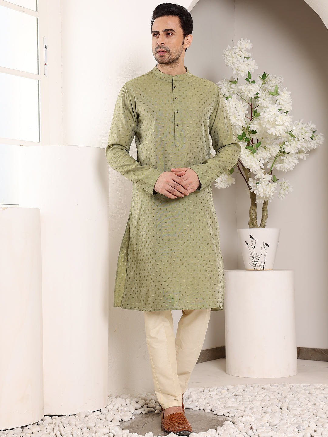 MULTI SHADES Men's Green Straight Viscose Silk Kurta With Textured Effect,Cream Solid Trouser Style Churidar | Grocsy