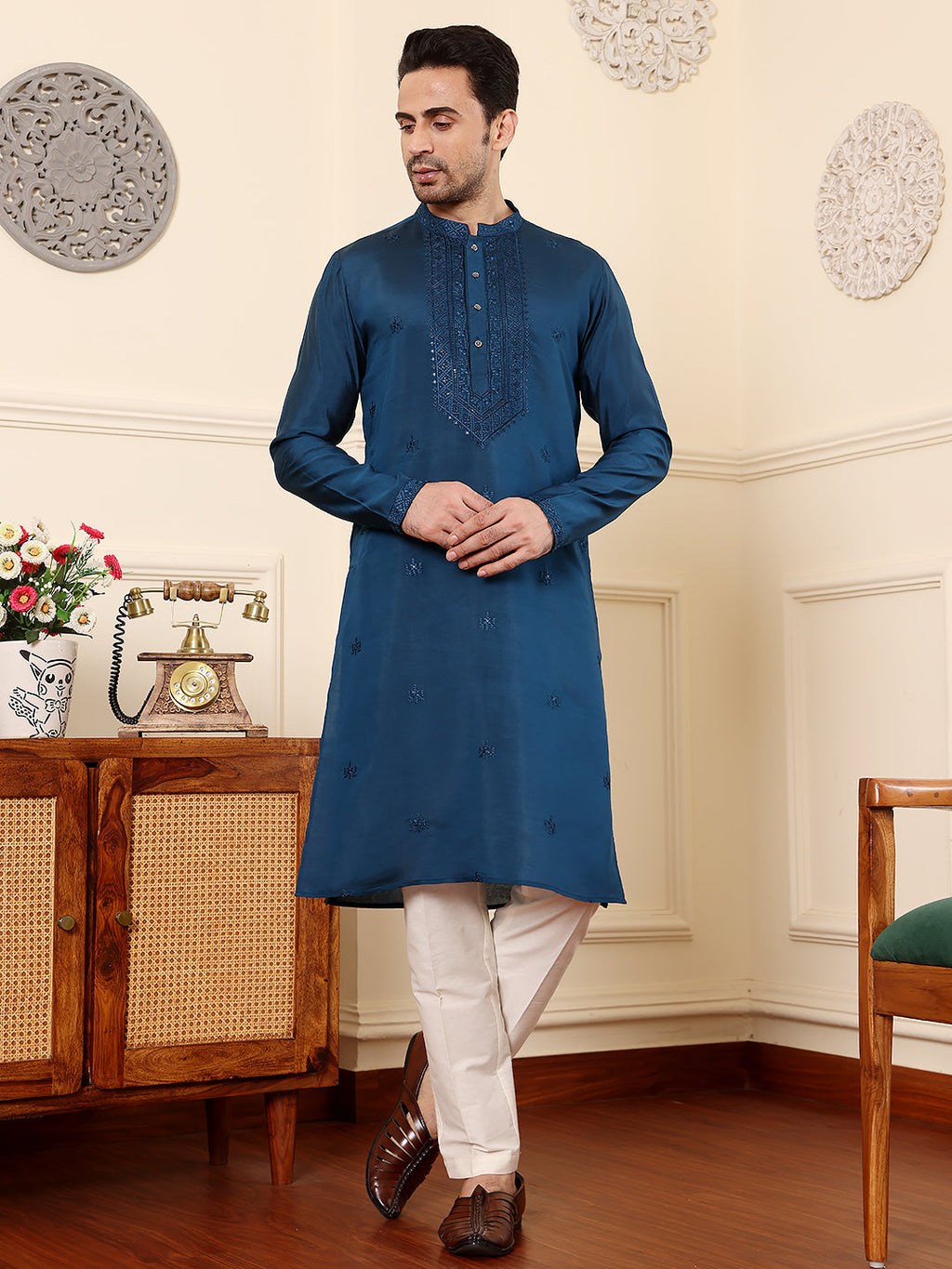 MULTI SHADES Men's Blue Straight Viscose Silk Kurta With Embroidered Neckline And Motifs,Cream Solid Trouser Style Churidar | Grocsy
