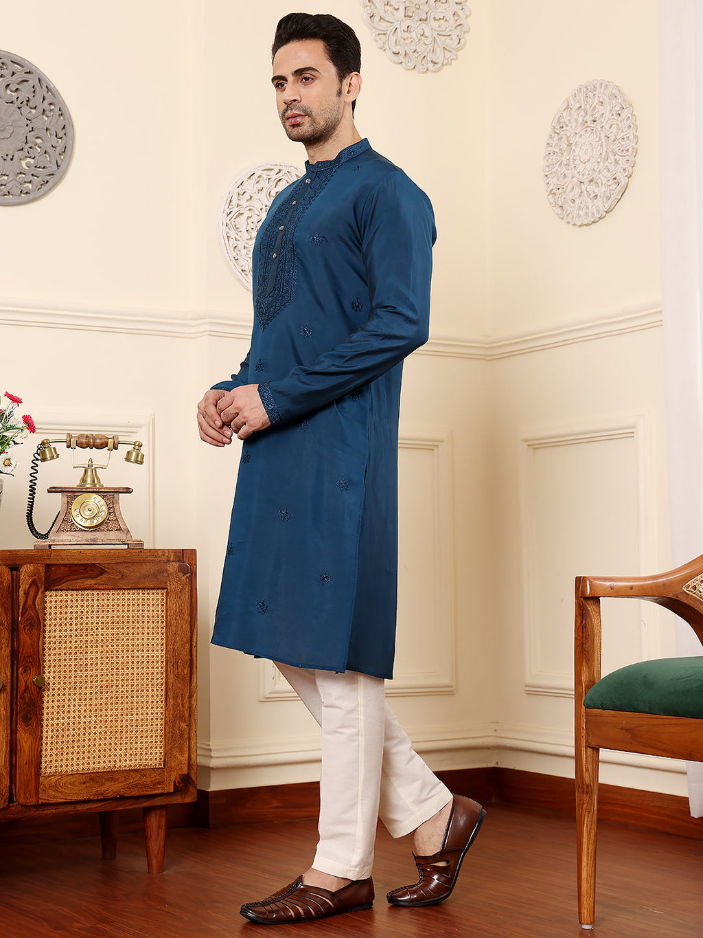 MULTI SHADES Men's Blue Straight Viscose Silk Kurta With Embroidered Neckline And Motifs,Cream Solid Trouser Style Churidar | Grocsy