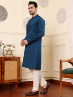 MULTI SHADES Men's Long Sleeve Mandarin Collar Blue Straight Viscose Silk Kurta With Embroidered Neckline And Motifs | Grocsy