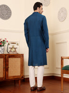 MULTI SHADES Men's Blue Straight Viscose Silk Kurta With Embroidered Neckline And Motifs,Cream Solid Trouser Style Churidar | Grocsy