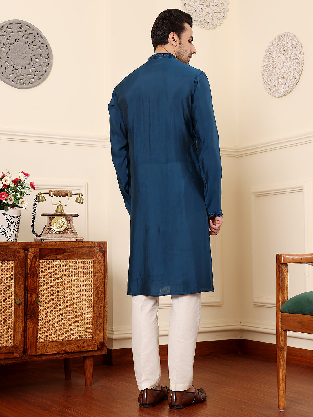 MULTI SHADES Men's Blue Straight Viscose Silk Kurta With Embroidered Neckline And Motifs,Cream Solid Trouser Style Churidar | Grocsy