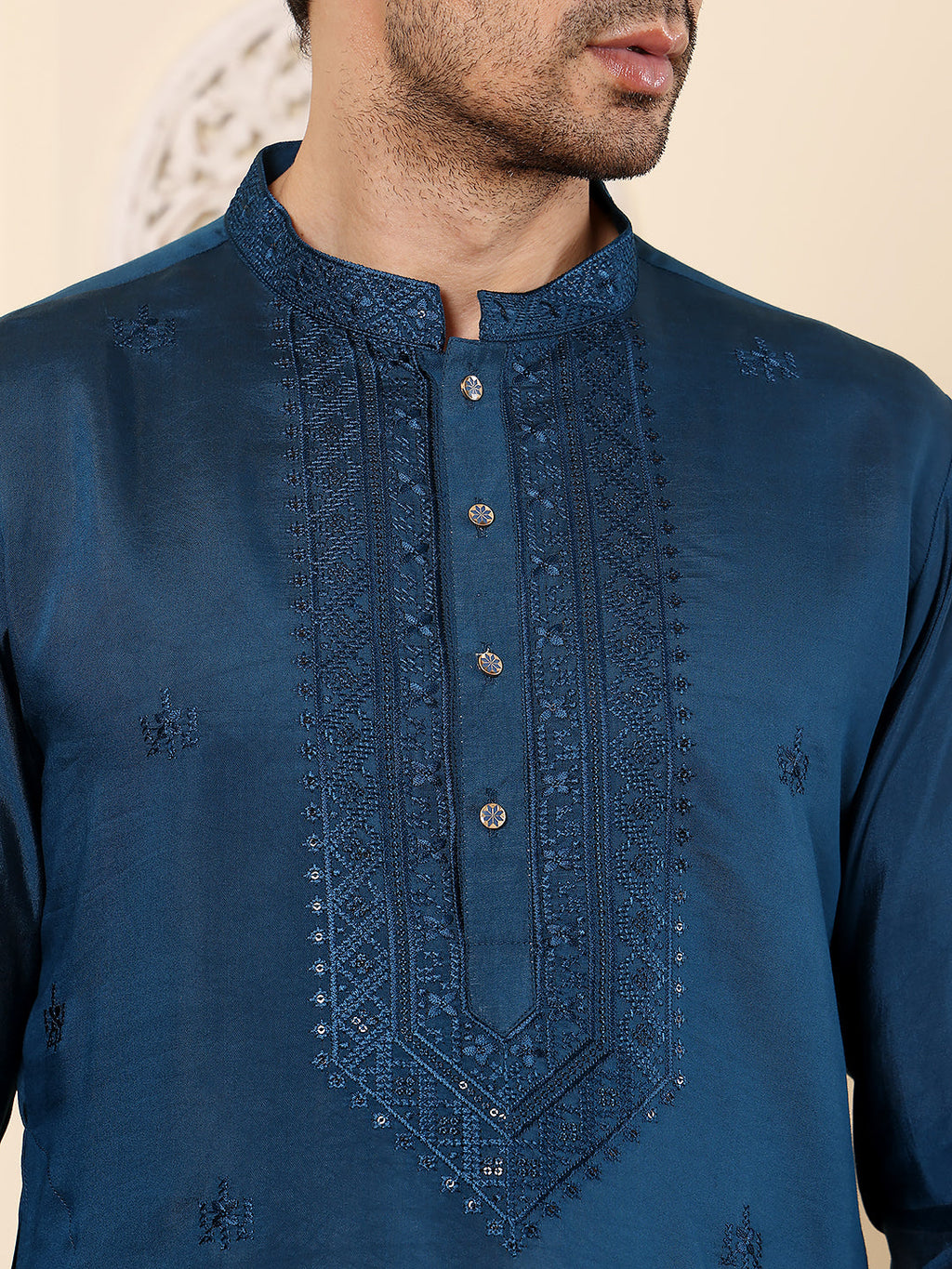 MULTI SHADES Men's Blue Straight Viscose Silk Kurta With Embroidered Neckline And Motifs,Cream Solid Trouser Style Churidar | Grocsy