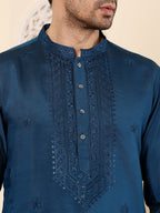 MULTI SHADES Men's Blue Straight Viscose Silk Kurta With Embroidered Neckline And Motifs,Cream Solid Trouser Style Churidar | Grocsy